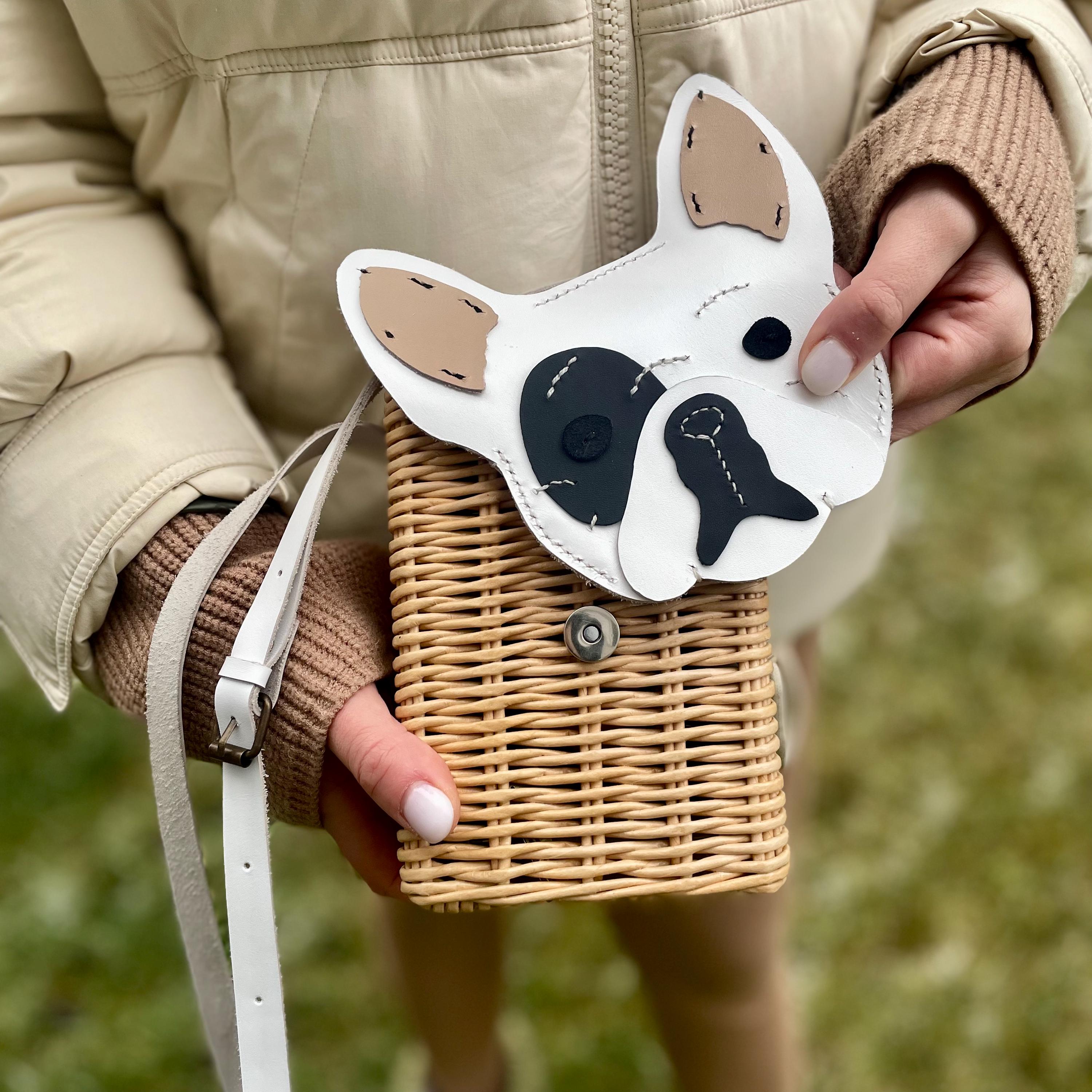 Embroidered Dog Face Wicker Bag - Handmade Boho Crossbody Purse