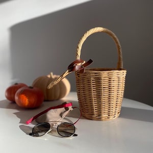 May include: A wicker basket with a curved handle and leather strap. Next to it are round sunglasses with a red accent and a beige case. Three pumpkins in orange and beige are arranged nearby, creating an autumnal scene.