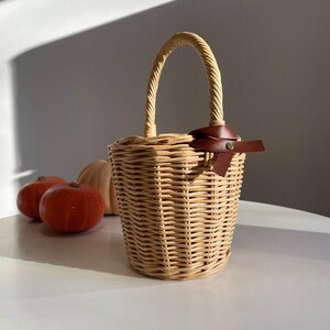 May include: A woven wicker basket with a curved handle and a brown leather accent. The basket is cylindrical and has a matching handle. Three small pumpkins are in the background.