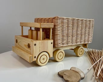 Wooden Truck with Wicker Basket: Nursery Decor Toy (16x8x9 inches)