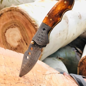 Custom Handmade Damascus Steel Folding Knife, Camel Bone Handle With Premium Quality Sheath