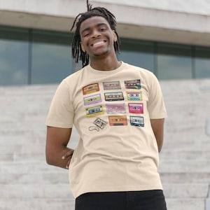 Retro Mixed Tape 3x4 Grid - Camiseta orgânica masculina, fita cassete, vintage dos anos 80, analógico, amantes da música