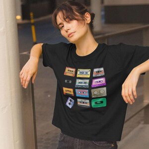 Retro Mixed Tape 3x4 Grid - Camiseta feminina orgânica quadrada, fita cassete, vintage dos anos 80, analógico, amantes da música