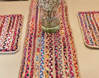 Handwoven Jute Table Runner | Colorful Boho Dining Decor (72" x 12")