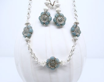 Faded Denim Blue Floral Necklace and Matching Earrings
