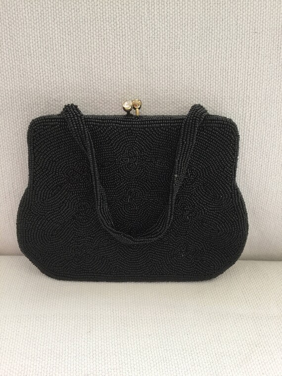Vintage 50s Beaded Black Mini Evening Bag Purse