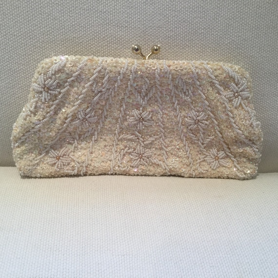 Vintage 60s Beaded Cream and White Mini Evening Ba