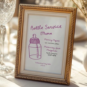 Szablon menu napojów na baby shower, menu obsługi butelek, ręcznie rysowane bazgroły, zabawny znak napojów na baby shower, edytowalny, natychmiastowe pobranie