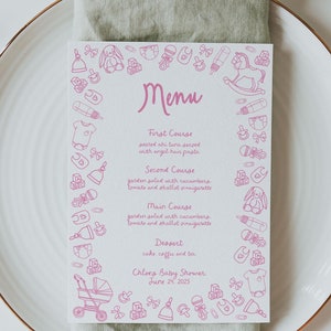 Szablon menu na baby shower dla dziewczynki, Fantazyjne menu na baby shower dla dziewczynki, Unikalny rysowany ręcznie rysunek, Różowy posypka dla niemowląt, Pobieranie cyfrowe