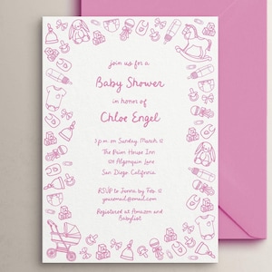 Hand Drawn Girl Baby Shower Invitation Template, Whimsical Girl Baby Shower Invite, Pink Scribble Doodle, Fun Illustration, Digital Download