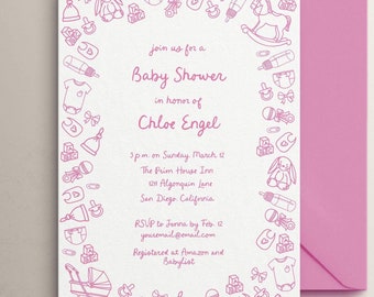 Handritad babyshowerinbjudan: Rosa klotter (digital nedladdning)