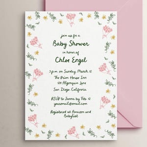 Floral Baby Shower Invitation Template, Whimsical Girl Baby Shower Invite, Pink Scribble Doodle, Fun Illustration, Digital Download