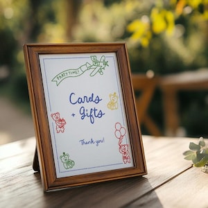 Modelo de placa para cartões e presentes de aniversário, placa para presentes de primeiro aniversário, decoração de festa exclusiva, rabiscos divertidos, placa para impressão desenhada à mão