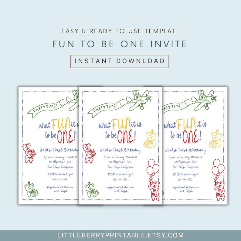 Puede incluir: Tres invitaciones de cumplea&ntilde;os imprimibles con un dise&ntilde;o l&uacute;dico. Cada invitaci&oacute;n presenta el texto "what FUN it is to be ONE!" en letras coloridas, junto con ilustraciones de osos de peluche y gr&aacute;ficos tem&aacute;ticos de fiesta. Las invitaciones est&aacute;n listas para usar.