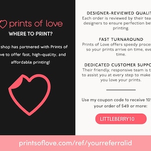 Puede incluir: Gr&aacute;fico promocional para Prints of Love, con un logotipo de coraz&oacute;n rosa y texto sobre un fondo negro y rosa. El texto destaca la calidad revisada por dise&ntilde;adores, la entrega r&aacute;pida y la atenci&oacute;n al cliente. Tambi&eacute;n se muestra un c&oacute;digo de cup&oacute;n.