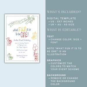 Puede incluir: Una plantilla digital para una invitaci&oacute;n a una fiesta de primer cumplea&ntilde;os. La invitaci&oacute;n presenta un fondo blanco con ilustraciones coloridas de osos de peluche, globos y un avi&oacute;n. El texto incluye "Party Time!" y "What fun it is to be ONE!"