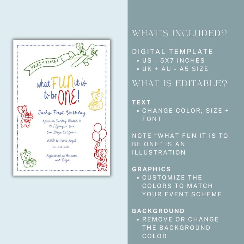 Puede incluir: Una plantilla digital para una invitaci&oacute;n a una fiesta de primer cumplea&ntilde;os. La invitaci&oacute;n presenta un fondo blanco con ilustraciones coloridas de osos de peluche, globos y un avi&oacute;n. El texto incluye "Party Time!" y "What fun it is to be ONE!"