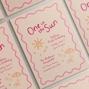 One in the Sun Einladungsvorlage, handgezeichnete erste Geburtstagsfeier einladen, Sommer-Lache-Party einladen, wunderliche Illustration, printable
