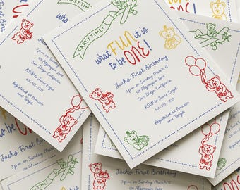 May include: White birthday invitations with colorful text and illustrations. The invitations feature the text "What FUN it is to be ONE!" and include images of teddy bears, airplanes, and balloons. The invitations are for Jack's First Birthday.
