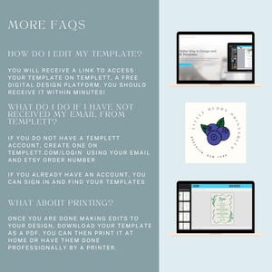 Puede incluir: Un gr&aacute;fico turquesa con el texto "MORE FAQS" e informaci&oacute;n sobre la edici&oacute;n e impresi&oacute;n de plantillas. La imagen incluye una computadora port&aacute;til que muestra una plataforma de dise&ntilde;o, un logotipo con ar&aacute;ndanos y una computadora port&aacute;til que muestra un dise&ntilde;o de plantilla.