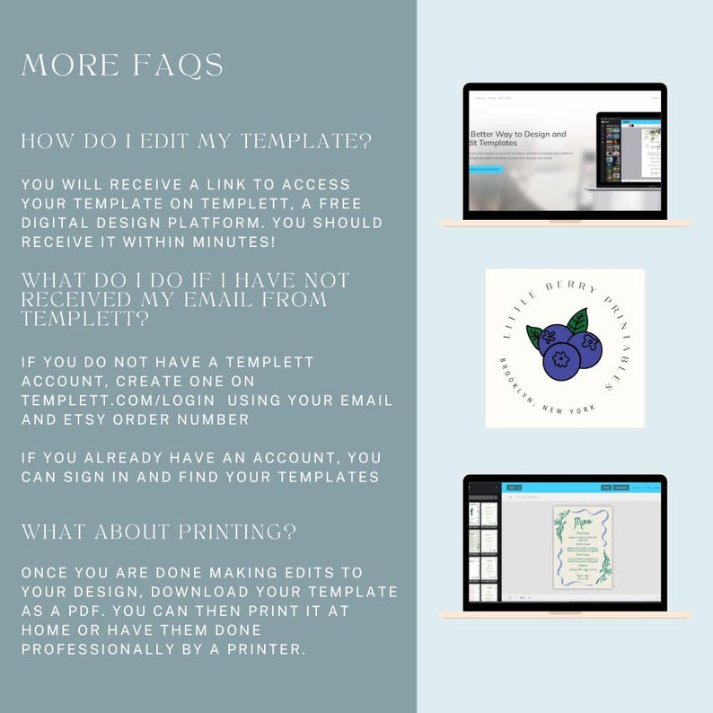 Puede incluir: Un gr&aacute;fico turquesa con el texto "MORE FAQS" e informaci&oacute;n sobre la edici&oacute;n e impresi&oacute;n de plantillas. La imagen incluye una computadora port&aacute;til que muestra una plataforma de dise&ntilde;o, un logotipo con ar&aacute;ndanos y una computadora port&aacute;til que muestra un dise&ntilde;o de plantilla.