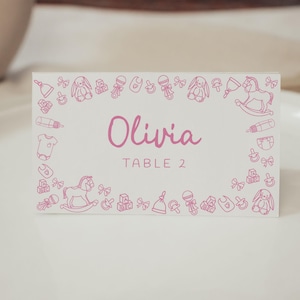 Tarjeta con nombre para baby shower de niña, tarjetas de lugar personalizadas para baby shower de niña, decoración imprimible personalizable, ilustración dibujada a mano, descarga digital