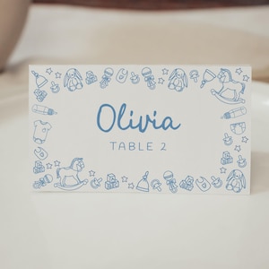 Naamkaartje babyshower jongens, gepersonaliseerde plaatskaarten voor babyshower, aanpasbare afdrukbare, handgetekende krabbel, digitale download