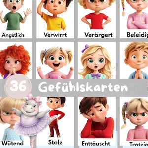 Puede incluir: Un conjunto de 36 tarjetas educativas de emociones con personajes de dibujos animados con diversas expresiones faciales y el texto en alemán Gefühlskarten, Ängstlich, Verwirrt, Verärgert, Beleidigt, Wütend, Stolz, Enttäuscht y Trotzig.