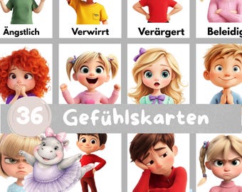 May include: A set of 36 educational emotion cards featuring cartoon characters with various facial expressions and the German text Gefühlskarten, Ängstlich, Verwirrt, Verärgert, Beleidigt, Wütend, Stolz, Enttäuscht, and Trotzig.