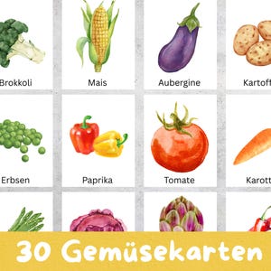 May include: A collection of illustrated vegetable flashcards. The cards display watercolour paintings of various vegetables, including broccoli, corn, aubergine, potatoes, peas, bell peppers, tomatoes, and carrots. The text "30 Gemüsekarten" is on a yellow banner.