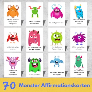 Könnte beinhalten: Ein Set von 70 Affirmationskarten mit farbenfrohen Monster-Illustrationen. Jede Karte hat ein einzigartiges Monster-Design und eine positive Affirmation auf Deutsch. Die Karten sollen das Selbstwertgefühl und positives Denken fördern.