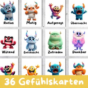 May include: A set of 12 cards featuring colorful cartoon monsters expressing different emotions. Each card has a unique monster design and a German word describing the emotion. The cards are arranged in a grid, with the text "36 GefühlsKarten" at the bottom.