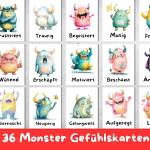 May include: A collection of 12 illustrated cards with vibrant monster characters, each representing a different emotion. The cards are labelled in German with words like "Frustriert" and "Traurig". The bottom card reads "36 Monster Gefühlskarten" in red.