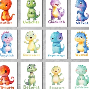 May include: A collection of watercolor dinosaur illustrations, each depicting a different emotion. The dinosaurs are in various colors, with text labels in German. The emotions include happy, sad, and angry.