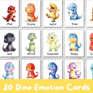 Pode incluir: Um conjunto de 20 cartões de emoções de dinossauros, cada um com uma ilustração em aquarela de um dinossauro expressando uma emoção diferente. Os cartões incluem rótulos como "Zangado", "Chorando" e "Alegre". O texto "20 Dino Emotion Cards" está na parte inferior.
