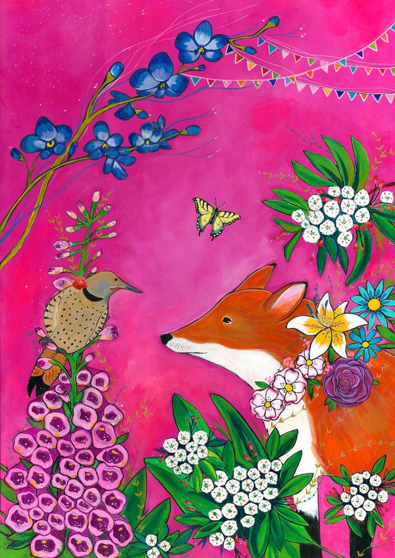 May include: A whimsical painting featuring a fox, a bird, and a butterfly surrounded by colorful flowers on a bright pink background. The fox is looking at the bird, which is perched on a branch of pink flowers. The butterfly is flying above the fox. The flowers are a variety of colors, including pink, white, blue, and yellow.