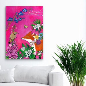 May include: A whimsical painting of a fox with a floral crown, standing in a garden with a pink background. The fox is looking at a bird perched on a flower. The painting features a variety of flowers, including white, pink, and blue.