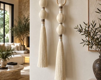 Hand-Knotted Cotton Macrame Tapestry, 35 Inch Boho Wall Hanging, Natural Fiber Art