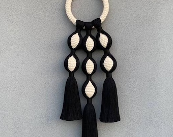 Large Black & Cream Macrame Wall Hanging, Boho Fiber Art Decor, Handwoven Cotton Rope Wall Art, Modern Tassel Wall Hanging