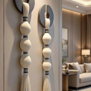 Può includere: Due decorazioni da parete verticali con un supporto circolare grigio scuro nella parte superiore. Ogni pezzo è composto da tre elementi sferici in fibra color crema impilati, separati da sottili fasce grigio scuro, terminanti con una lunga nappa.
