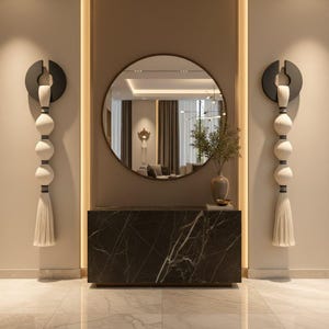 May include: A rectangular black marble console table with white veining sits beneath a large circular wall mirror. Flanking the mirror are two vertical wall-mounted decorations featuring black circular tops and stacked white fabric spheres with tassels.