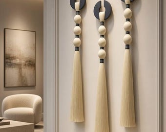 45 Inch Anthracite Macrame Wall Hanging, Modern Fiber Wall Art, Boho Large Wall Tapestry, Neutral Tassel