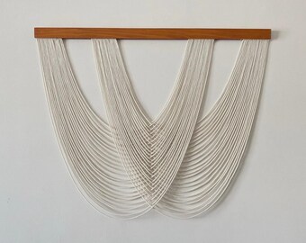 Macrame Wall Hanging Beige Cotton Fiber Art Large Boho Wall Decor Handmade Woven Tapestry Minimalist Textile Wall Art Wooden Home Decor