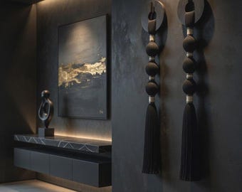Black Macrame Wall Hanging Boho Fiber Art Wooden Wall Decor Minimal Modern Textile Wall Art Handmade Home Decor 35 Inch