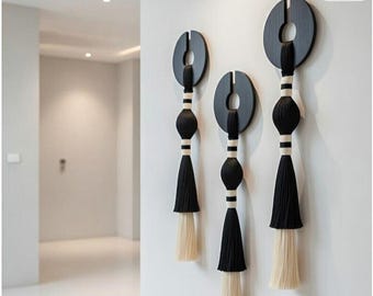 Black & White Macrame Wall Hanging, Modern Boho Wall Decor, Minimalist Fiber Art, Handmade Wall Art, Neutral Home Decor