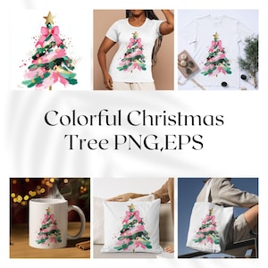 Colorful Christmas Tree PNG,EPS Hand drawn doodle Brush,strokes Coquette Pink Bow Faux glitter Gold Festive Ornament Art Holiday Projects