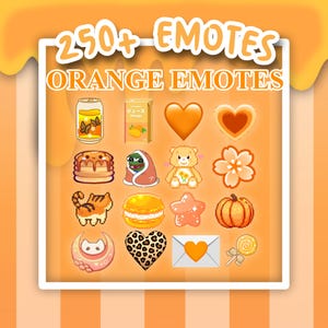May include: An orange graphic with the text "250+ EMOTES" and "ORANGE EMOTES". The graphic features various orange-themed pixel art emojis, including a can, juice box, hearts, food, animals, and a lollipop.