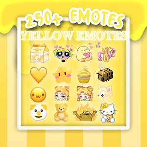 May include: A yellow graphic with the text "250+ EMOTES YELLOW EMOTES" and various yellow-themed cartoon emotes. The emotes include a milk carton, a heart, a star, a cupcake, a bee, and other characters.