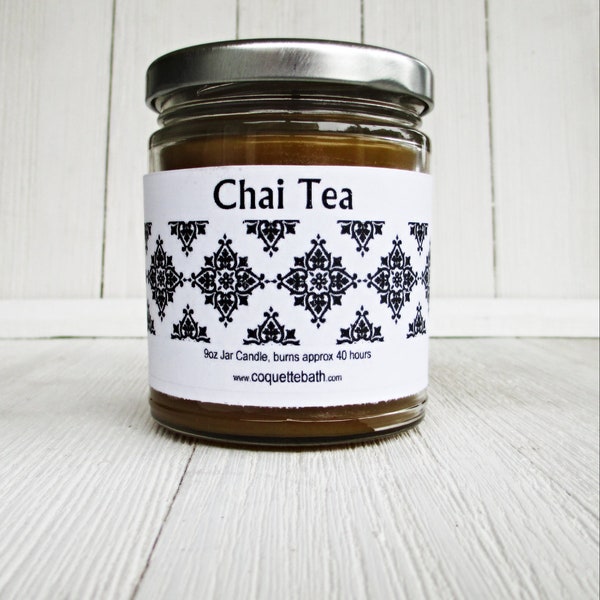 Chai Tea Candle, 6oz tin or 9oz jar, strongly scented traditional wax candle, spicy creamy tea fragrance, housewarming, aromatherapy gift