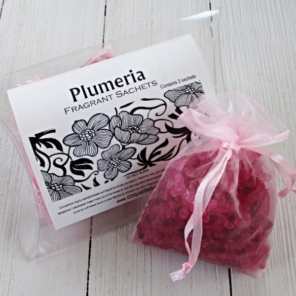 Plumeria Sachets, Aroma beads, set of 2 highly fragranced organza bag sachets, frangipanni sachets, tropical floral scent